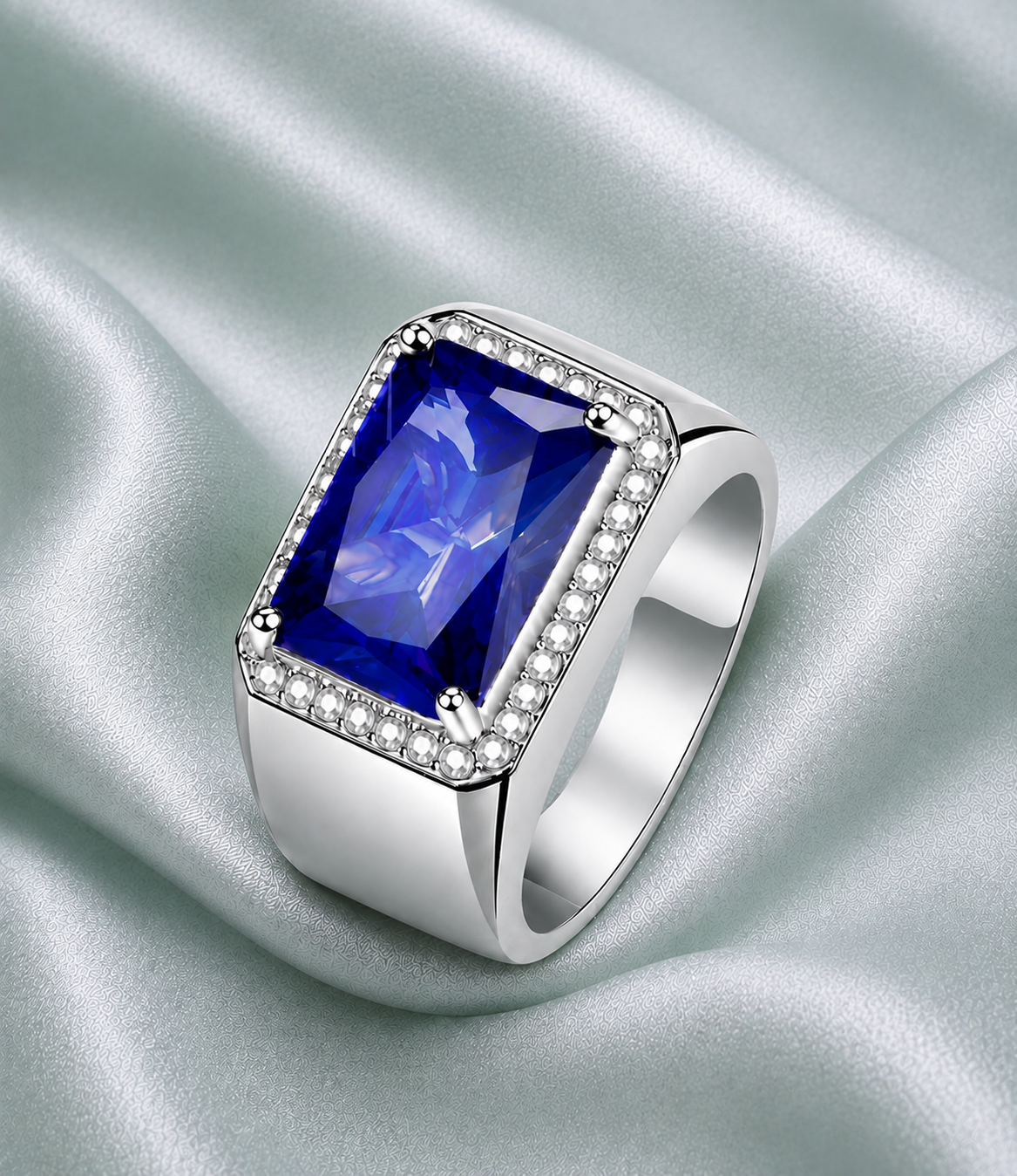 Silver Sapphire Ring on Mint Silk